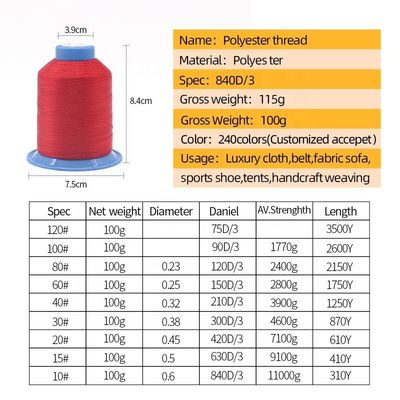 Tex70 80 90 Hochfestigkeits-Polyester-Nähtfaden für das Nähen von Leder 0,35 mm Durchmesser